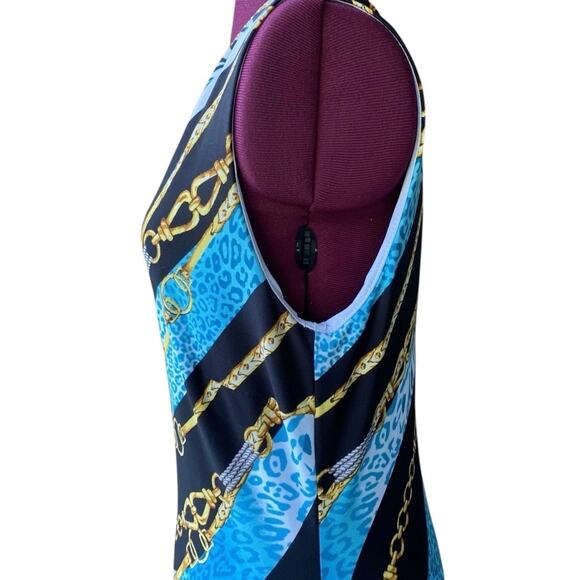 CACHE Size 12 Blue Blk Gold Chain Cheetah Print Fitt Dress Lined Sleeveless Sexy - Picture 3 of 8